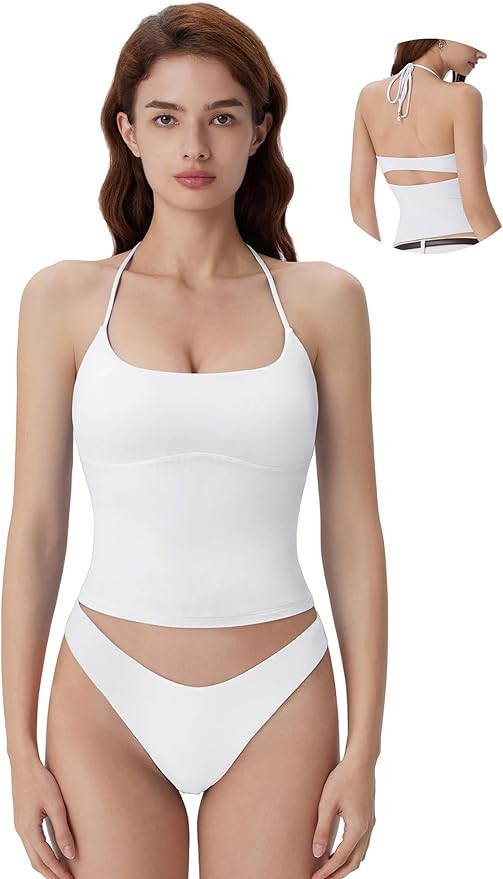 SUUKSESS Halter Tops for Women Tank Tops with Built in Bras Double Lined Backless Top Y2K Going O... | Amazon (US)