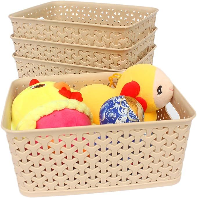 Honla Weaving Plastic Storage Baskets Bins Organizer with Handles,Set of 4,Tan | Amazon (US)