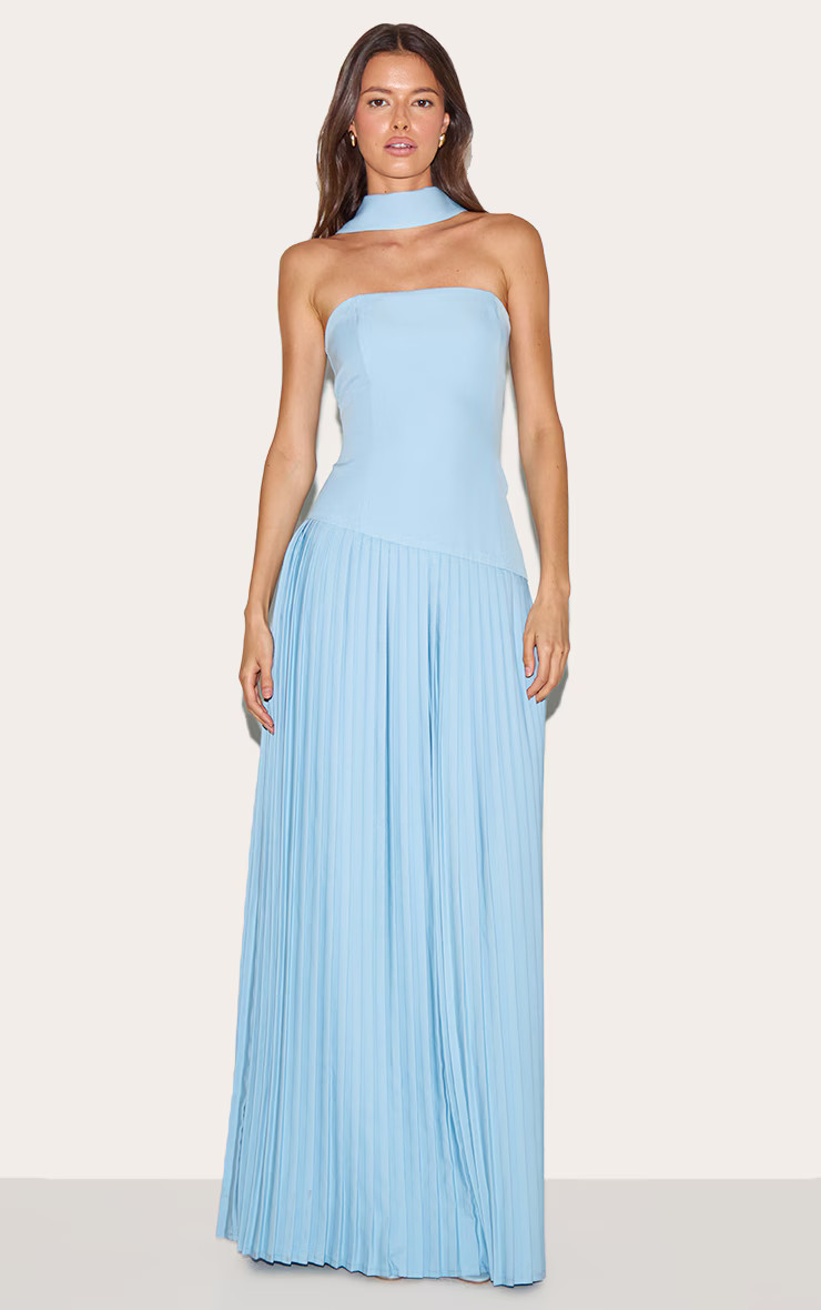 Pale Blue Woven Asymmetric Pleated Maxi Dress | PrettyLittleThing US