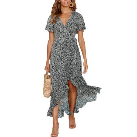 Boho Summer Short Sleeve Maxi Dress For Women Ladies Ruffled Irregular Hem Floral Print Holiday P... | Walmart (US)