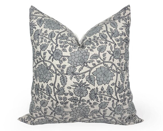 MAREN  Designer Blue Grey Linen Pillow Cover Block Print - Etsy | Etsy (US)