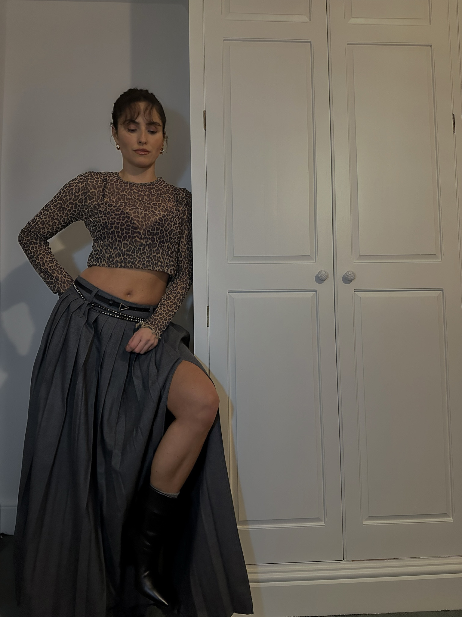 Grey maxi skirt, pleated skirt, the Frankie Shop skirt, long skirt, black boots, ysl boots, ysl heels, sheer top, leopard print sheer top, mesh top, trendy look

#LTKeurope #LTKworkwear #LTKstyletip