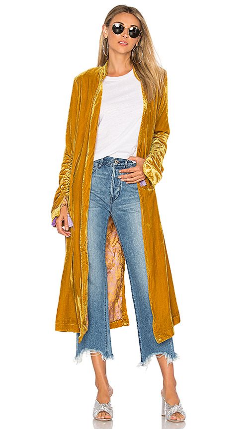 Free People Dhalia Velvet Duster Coat in Mustard. - size M (also in S,XS) | Revolve Clothing