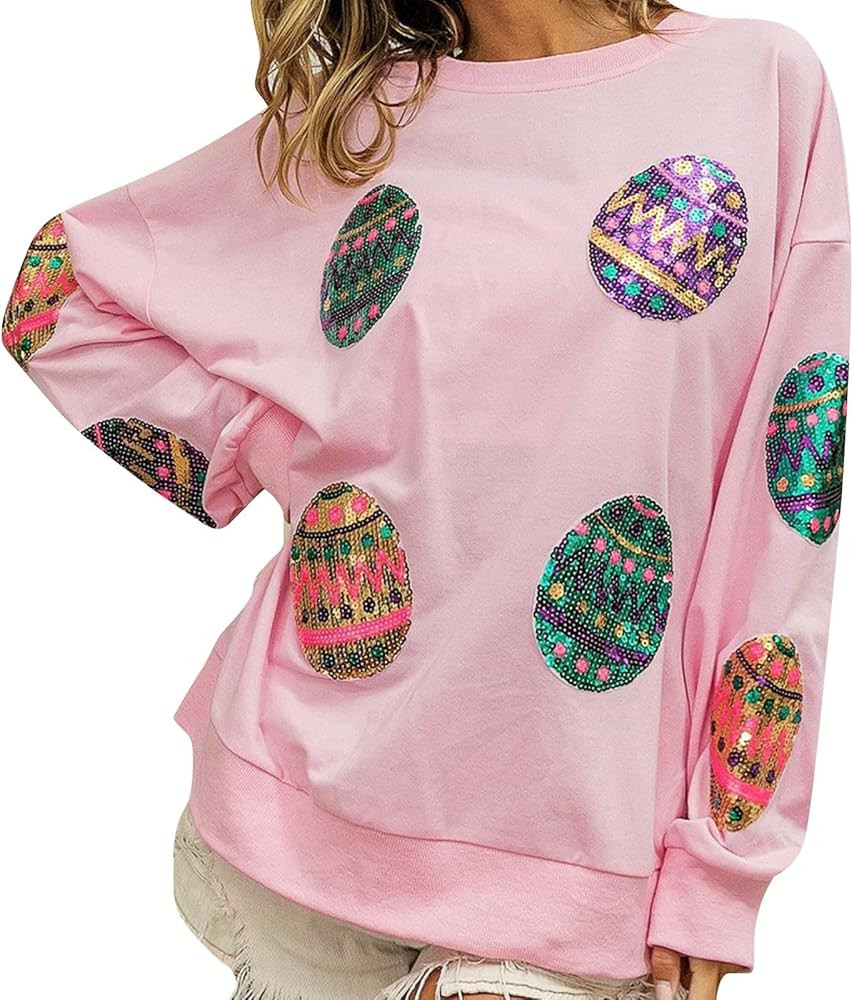 Heevina Sequin Easter Sweatshirts for Women Sequins Rabbit Bunny Egg Printed Tops Shirts Shirt Ou... | Amazon (US)