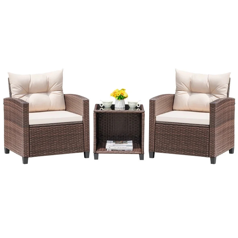 Devoko Outdoor Furniture 3 Pieces Patio Bistro Furniture Set, Rattan Conversation Chair with Cush... | Walmart (US)