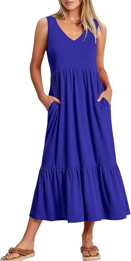 ANRABESS Womens Summer Maxi Dresses Fit & Flare Flowy V Neck Sleeveless Swing Casual Tiered Beach... | Amazon (US)