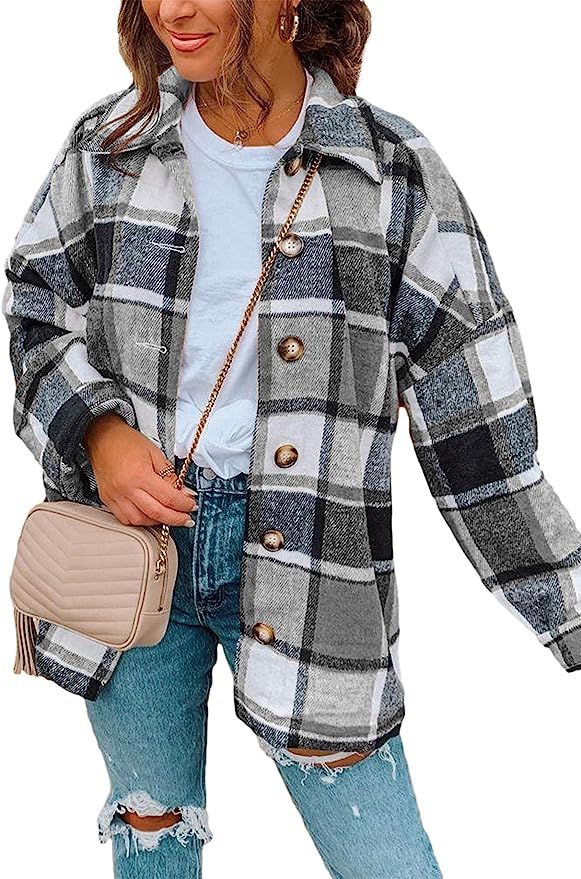 Lentta Women's Casual Loose Lapel Collar Long Sleeves Button Down Plaid Shirts Shacket | Amazon (US)