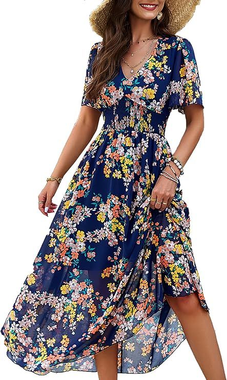 LYUSRE Womens Floral Print Dresses Short Sleeve V Neck Casual Summer Maxi Dress | Amazon (US)