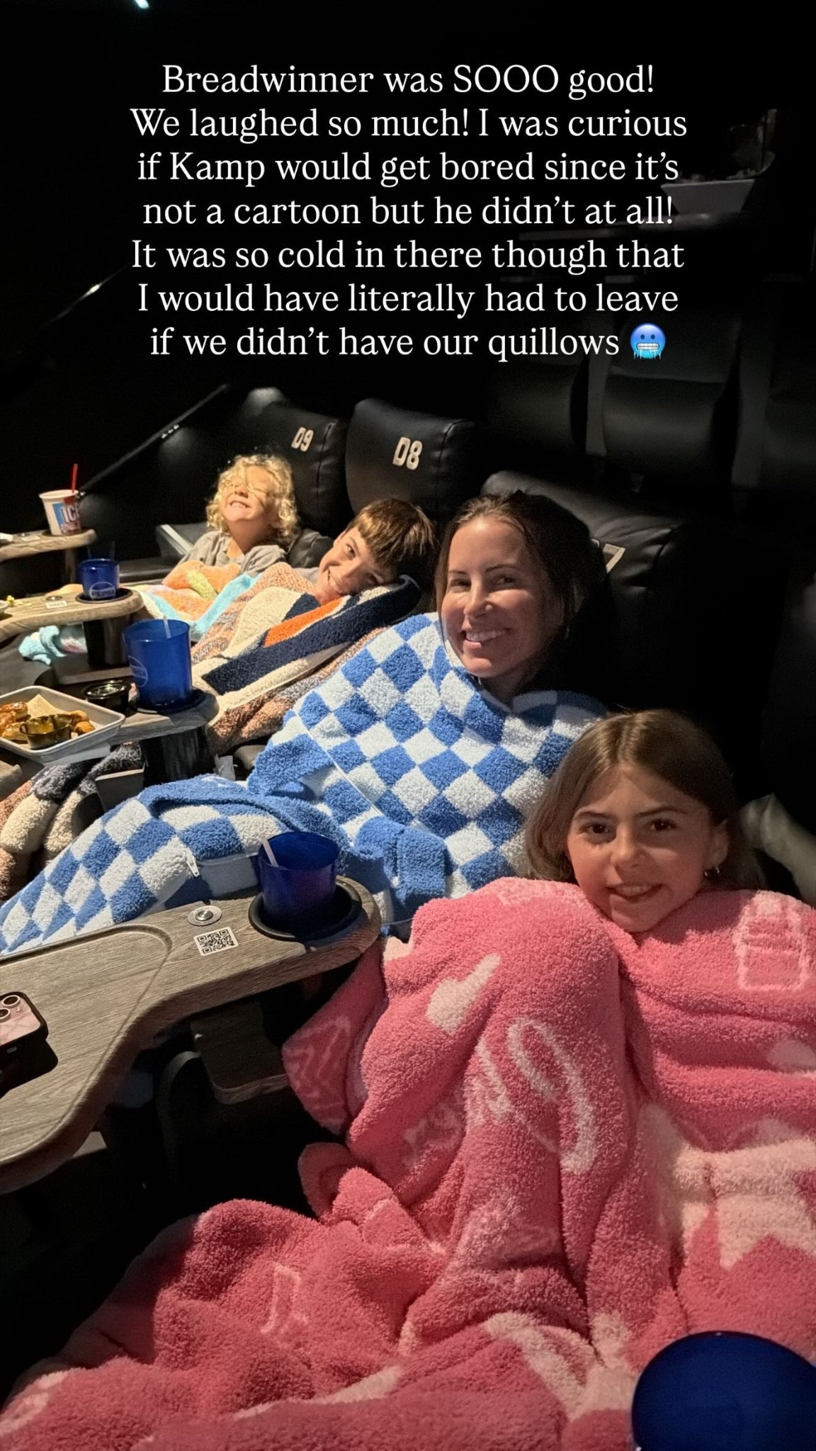 Breadwinner was SOOO good! 
We laughed so much! I was curious if Kamp would get bored since it’s not a cartoon but he didn’t at all!
It was so cold in there though that I would have literally had to leave if we didn’t have our quillows 🥶