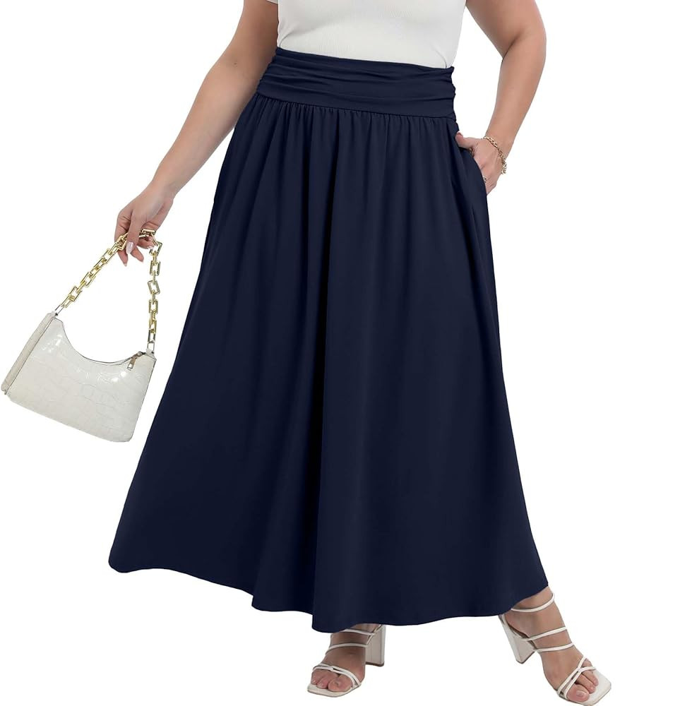 OLRIK Plus Size Maxi Skirt with Pockets 2025 Summer Elastic High Waisted A-Line Flowy Long Skirts | Amazon (US)