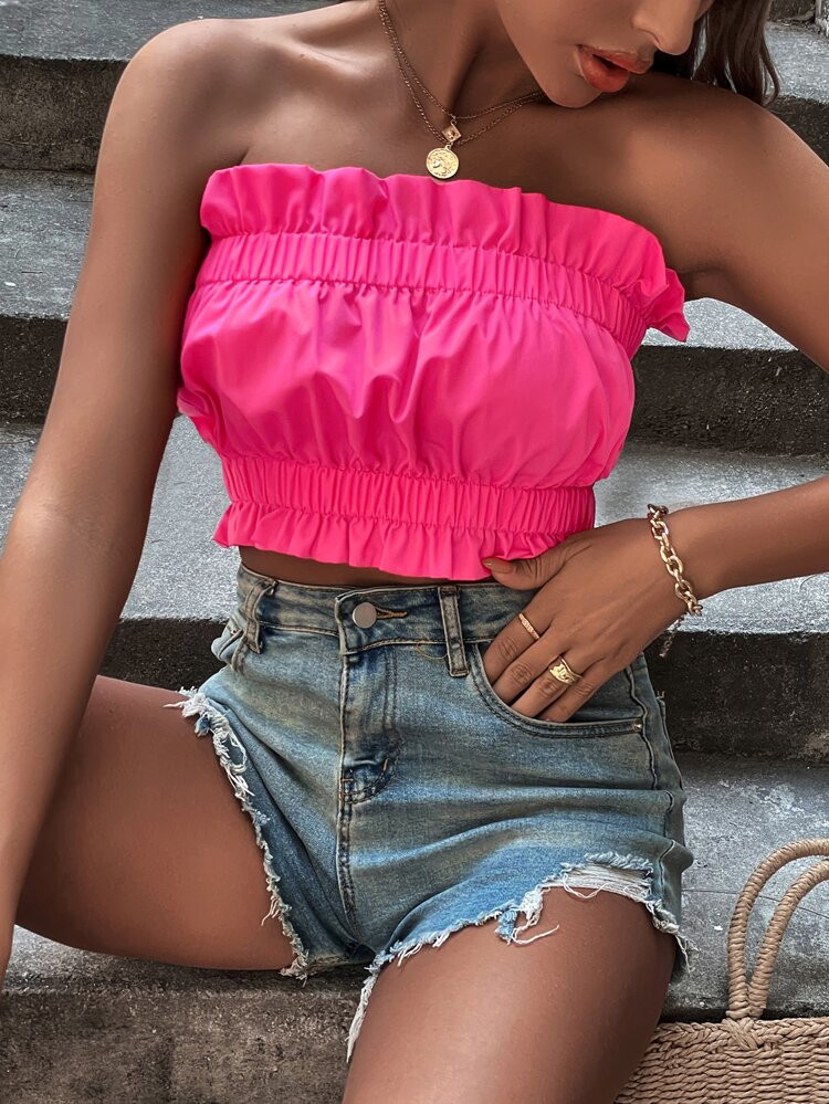 Ruffle Trim Ruched Bust Crop Top | SHEIN