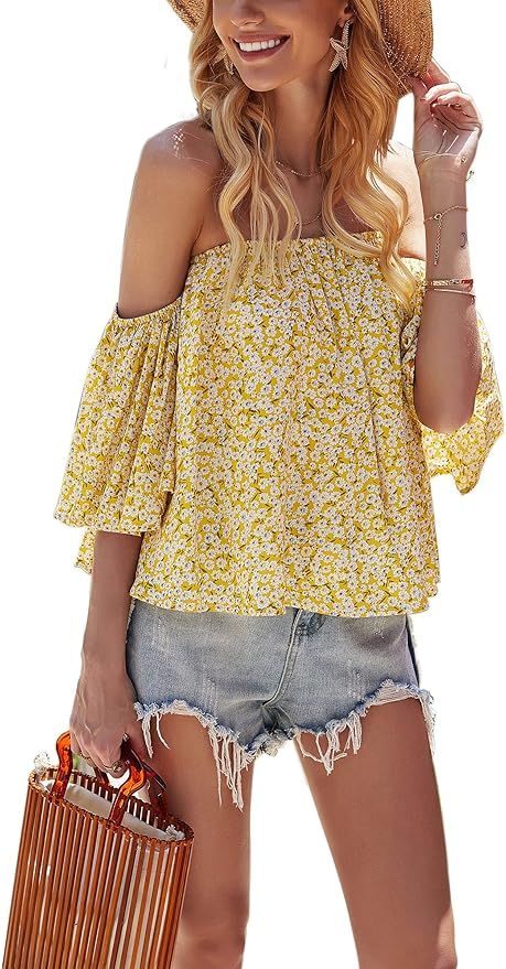 Hibluco Women's Off The Shoulder Tops Flare Sleeve Shirts Floral Summer Blouse | Amazon (US)
