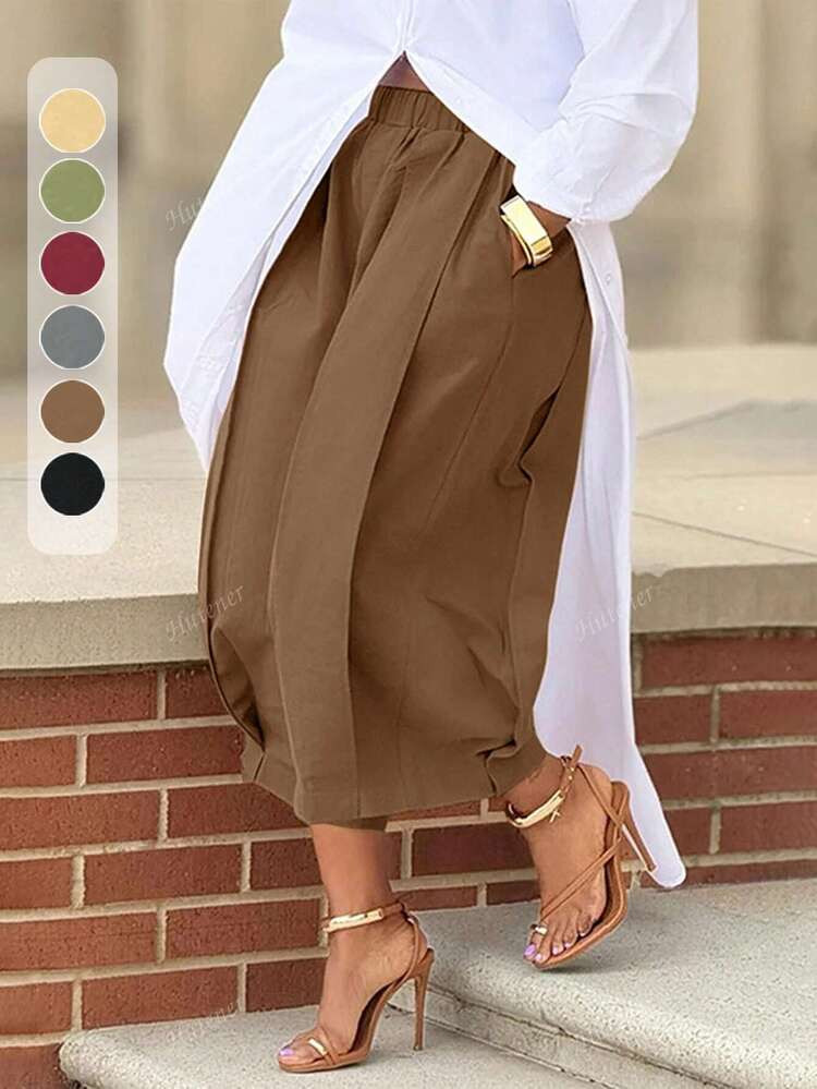 Women's Casual Wine Red Wide Leg Pants With Elastic Waist And Pockets - Stylish And High-Quality ... | SHEIN