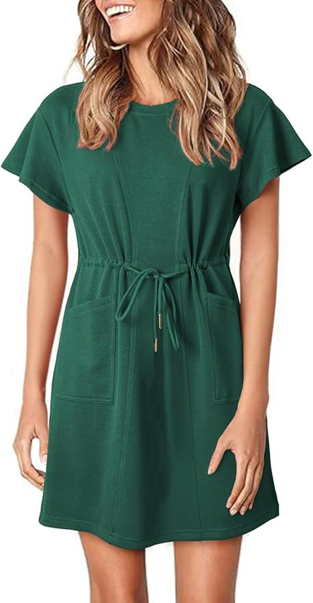 EVALESS Womens Spring Summer Dresses 2025 Casual Round Neck Ruffle Short Sleeve Flowy A Line Mini... | Amazon (US)