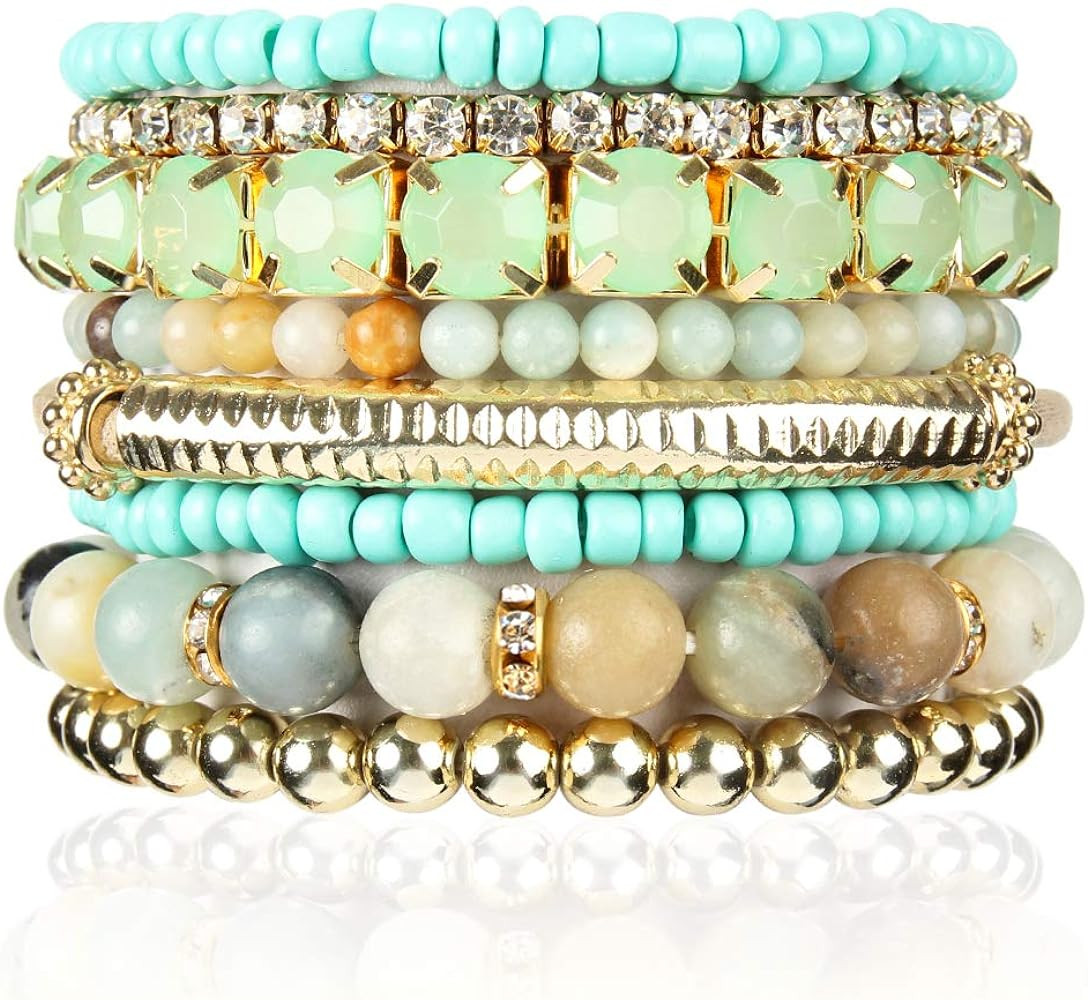 RIAH FASHION Multi Color Stretch Beaded Stackable Bracelets - Layering Bead Strand Statement Wrap... | Amazon (US)