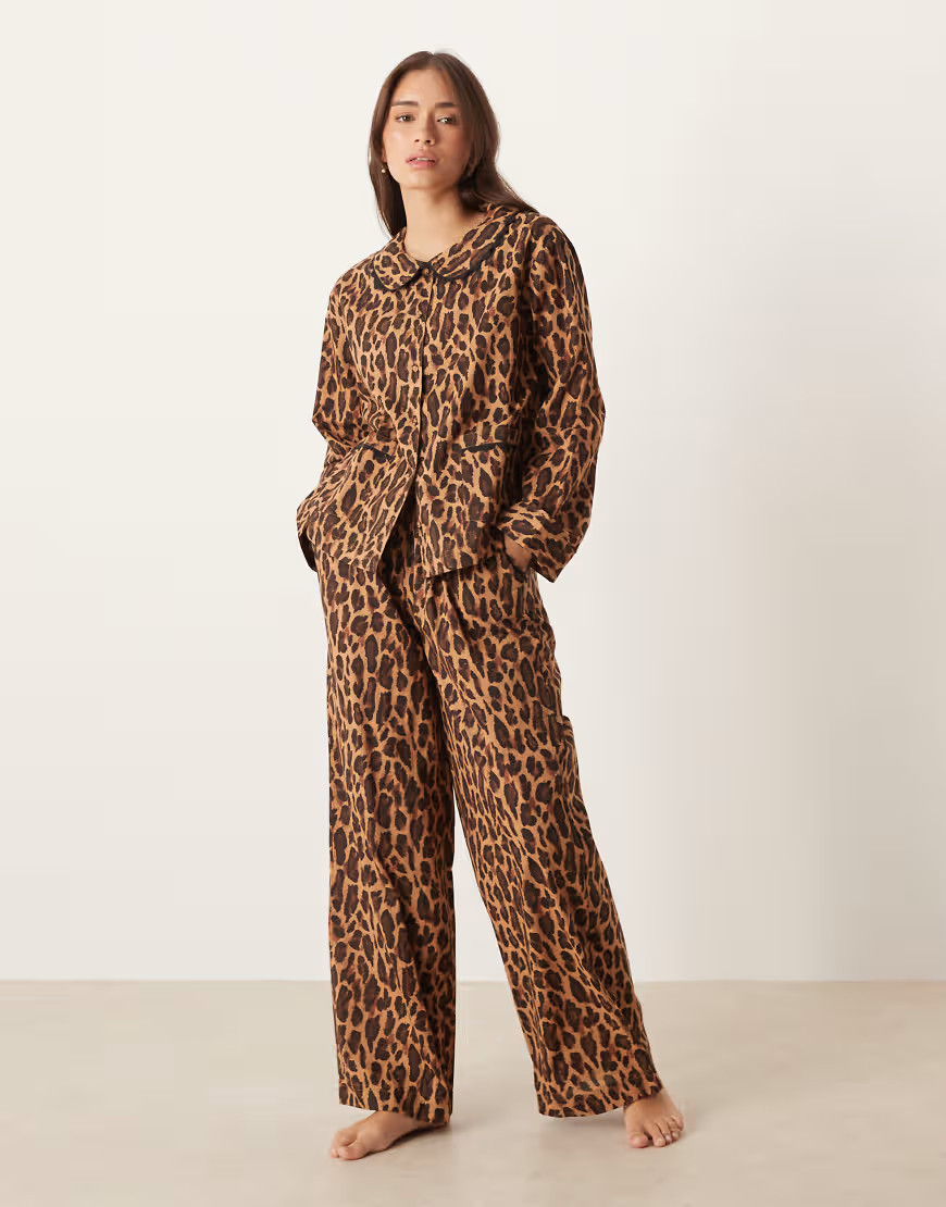 ASOS DESIGN scallop edge woven shirt and pants pajama set in leopard print-Brown | ASOS (Global)