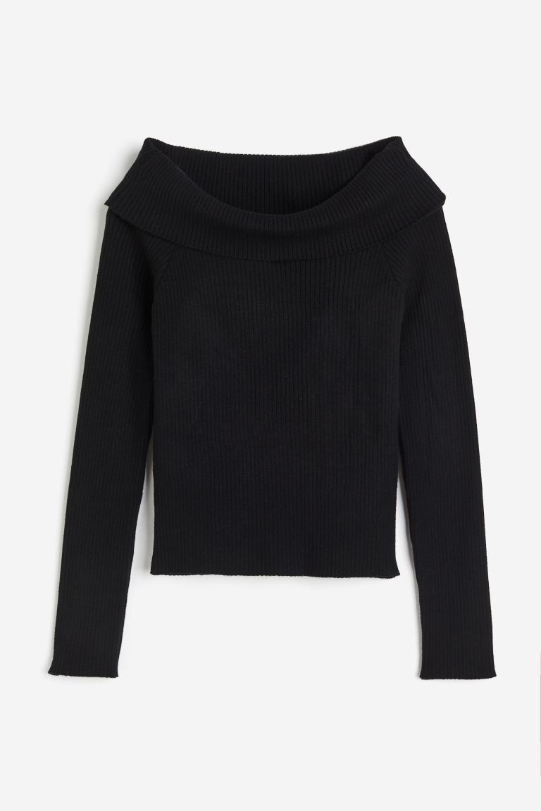 Rib-knit off-the-shoulder top - Black - Ladies | H&M GB | H&M (UK, MY, IN, SG, PH, TW, HK)