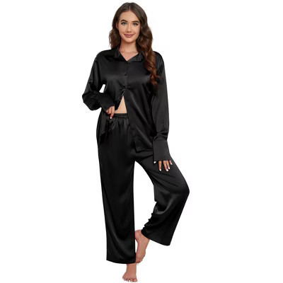 Clearlove Pajamas Set for Women 2 Pieces Button Down Long Sleeve Satin Pajama Sets Black Large | Target
