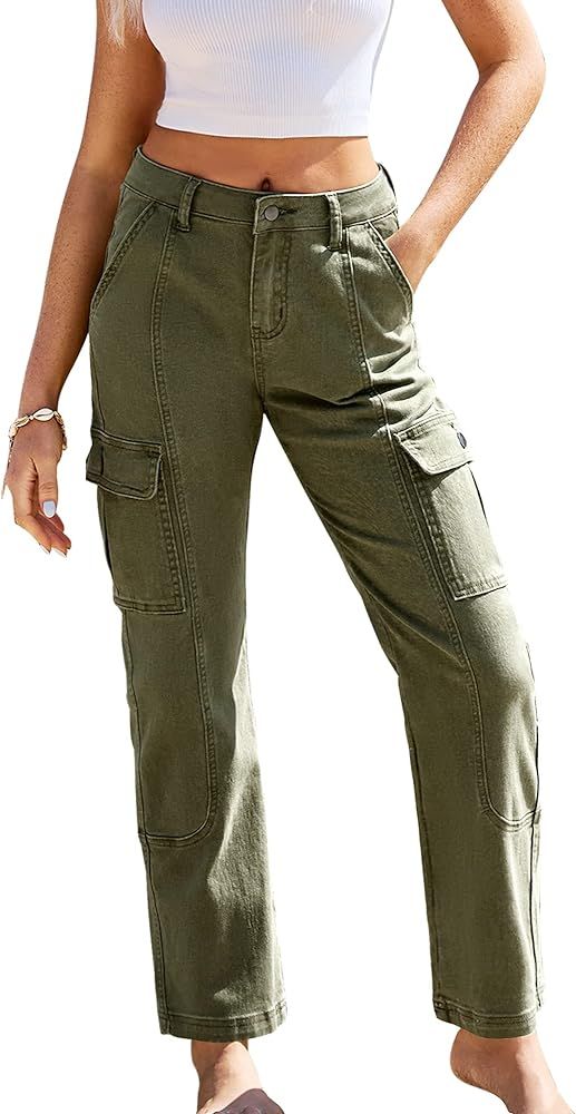 GRAPENT Womens Cargo Pants Casual High Waisted Baggy Stretch Straight Leg Trousers Western Outfit... | Amazon (US)