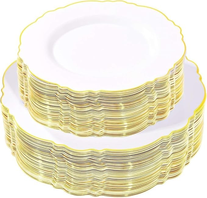 WDF 100pcs Gold Plastic Plates - High-end Baroque Design - Heavy Duty White &Gold Wedding Plates ... | Amazon (US)