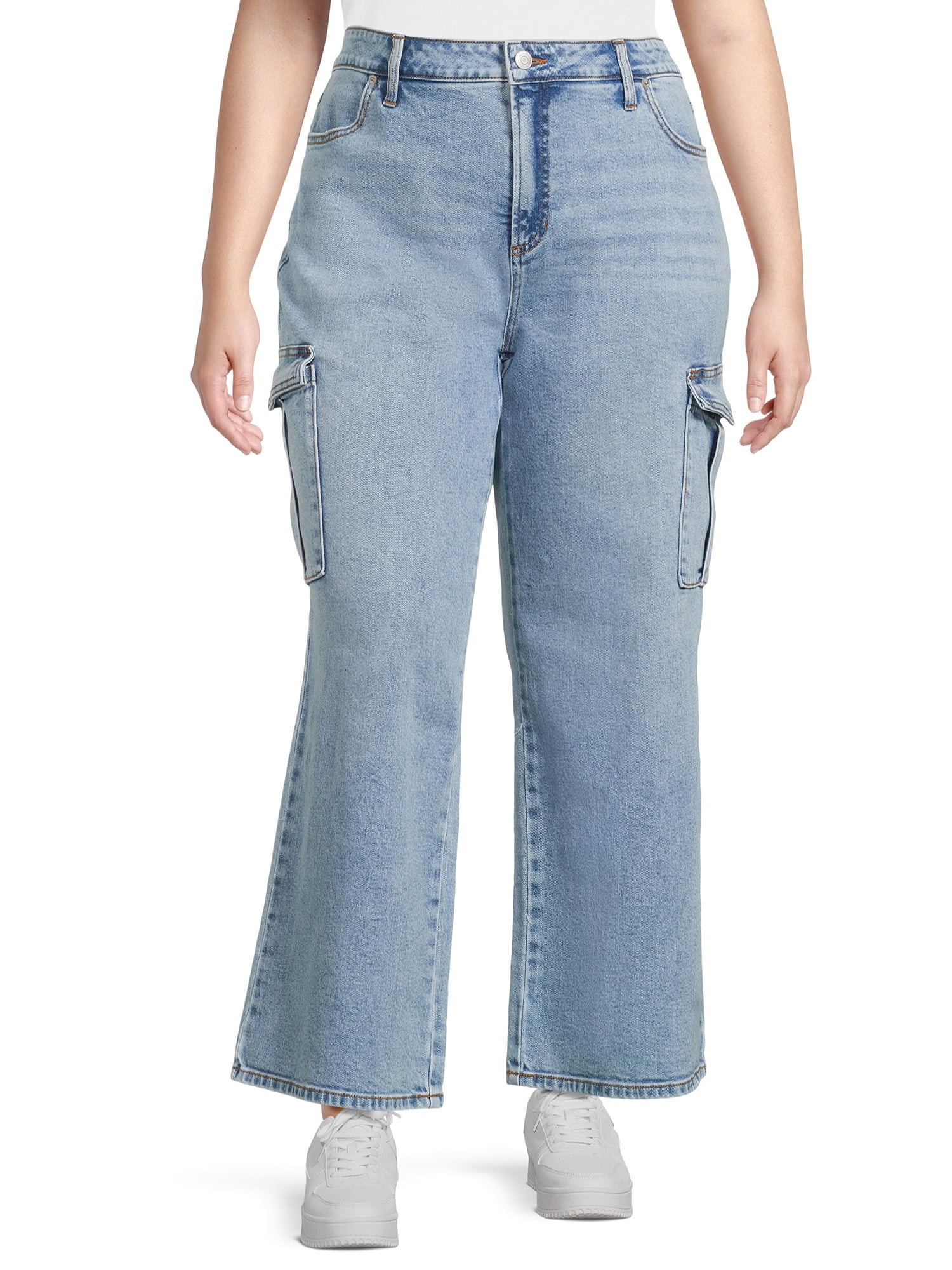 Terra & Sky Women's Plus Wide Leg Cargo Jeans, 30” Inseam | Walmart (US)