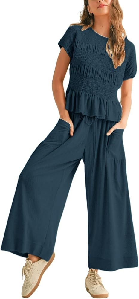 Antnation Womens 2 Piece Smocked Top Wide-Leg Pants Set High-Waisted Lounge Outfit with Pockets C... | Amazon (US)