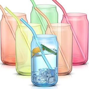 16 Pcs Drinking Glass Set 16 Oz Can Cups Include 6 Pieces Glass Cups and 8 Pieces Glass Reusable ... | Amazon (US)