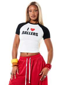 SUMWON WOMEN Cropped Contrast Raglan Sleeve I Heart Ballers Graphic Tee Short Sleeve Baseball Sty... | SHEIN