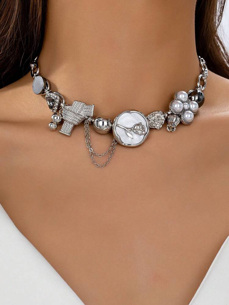 1pc Vintage Punk Gothic Style Metallic Button Heartshaped Pearl Rhinestone Pendant Zinc Alloy Chain Necklace For Women, Ideal For Daily Wear | SHEIN