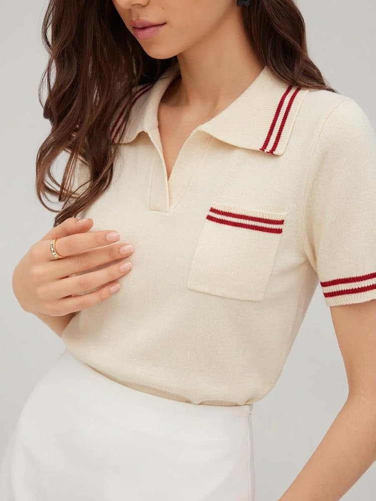 CIDER Short Sleeve Sweater Knit Top Collar Neck Stripe Pullover Casual Elegant Women’s Collared... | Amazon (US)