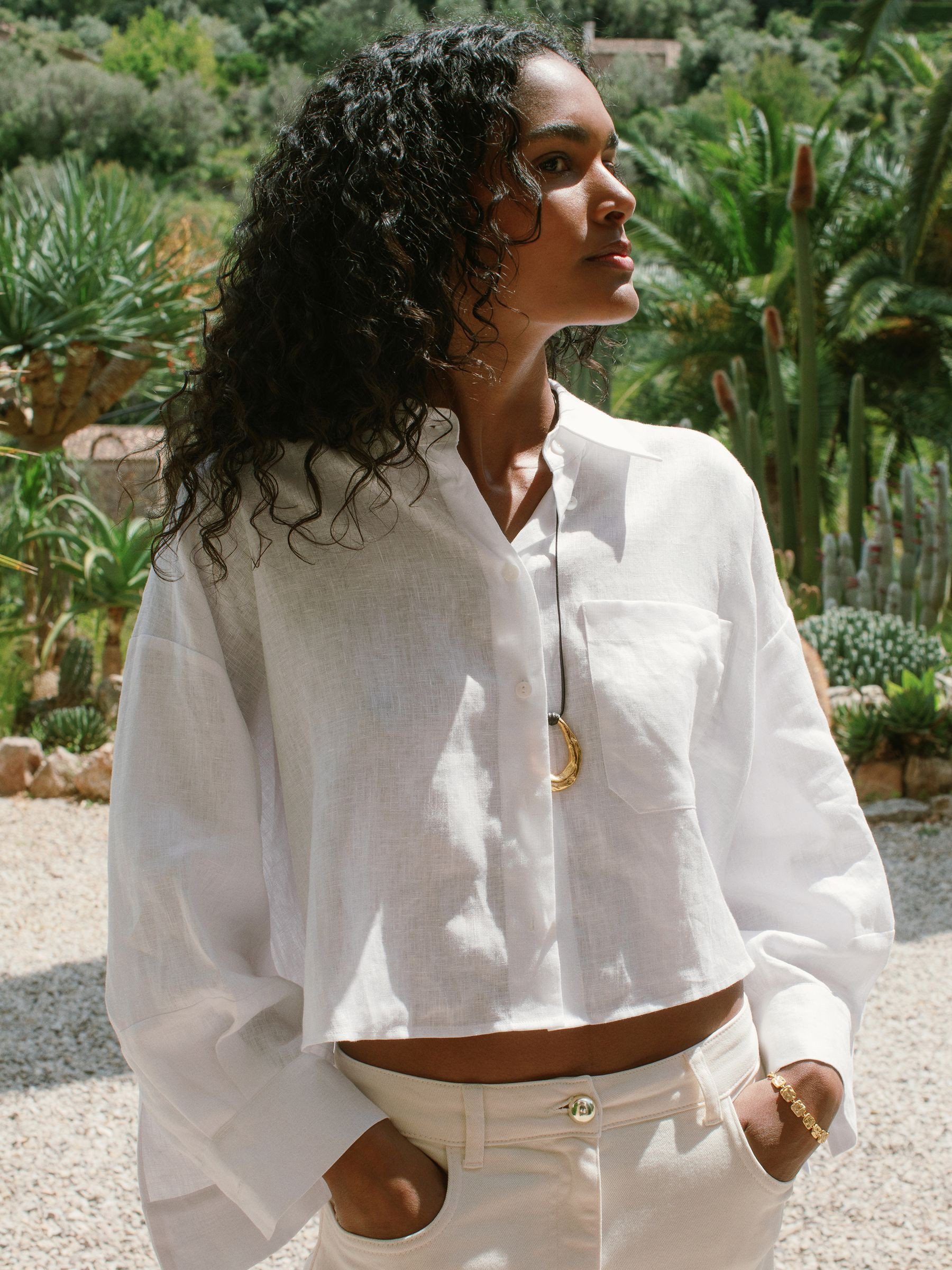 Oversize Linen Cropped Shirt in White | Reiss UK