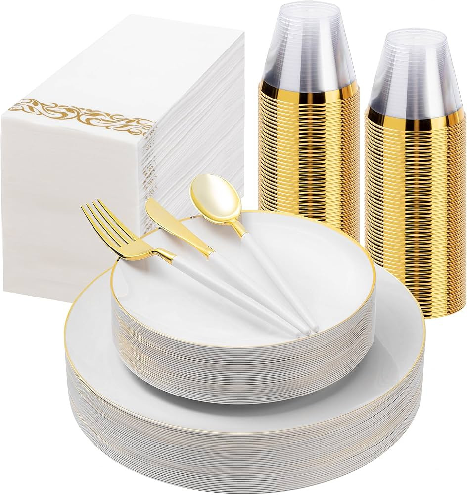 175 Pieces White Gold Plastic Dinnerware Set, White and Gold Disposable Plates for Party, Christm... | Amazon (US)