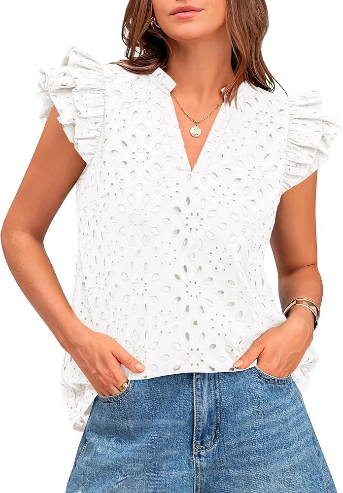 BTFBM Spring Summer Tops for Women 2026 Dressy Casual V Neck Ruffle Cap Sleeve Embroidered Eyelet... | Amazon (US)
