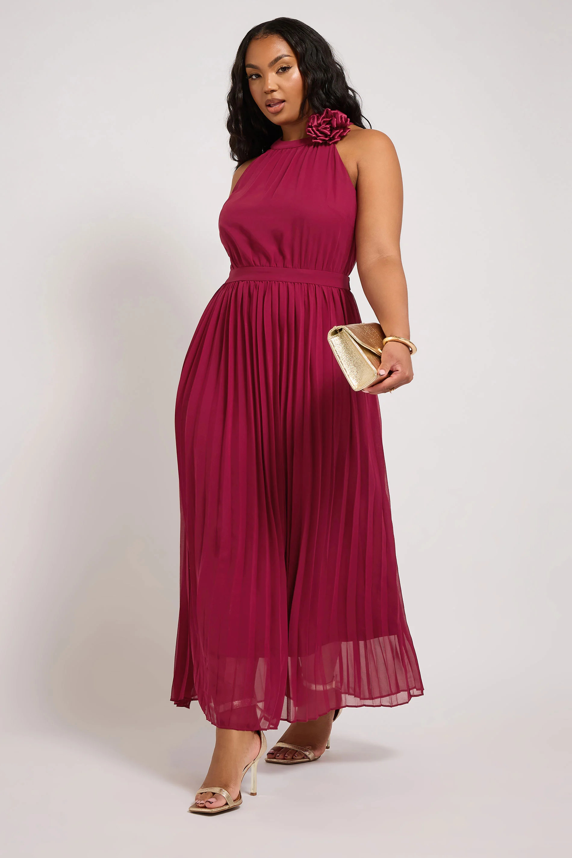 YOURS LONDON Plus Size Red Corsage Detail Pleated Maxi Dress | Yours Clothing UK