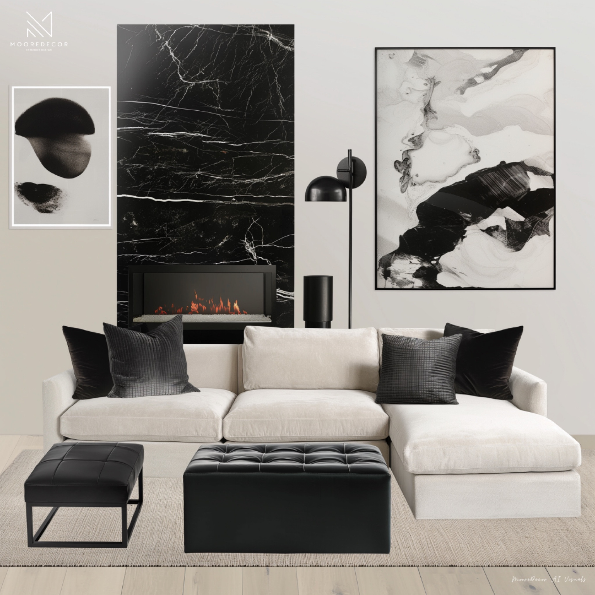 Transform your living space with my latest design from MooreDecor, featuring an elegant and minimalistic aesthetic. This mood board showcases a plush cream sectional sofa, a striking black marble fireplace, and a chic black leather ottoman. Elevate your home with these stylish and affordable pieces, perfect for achieving a luxe look for less.

#LTKHome #LTKStyleTip
