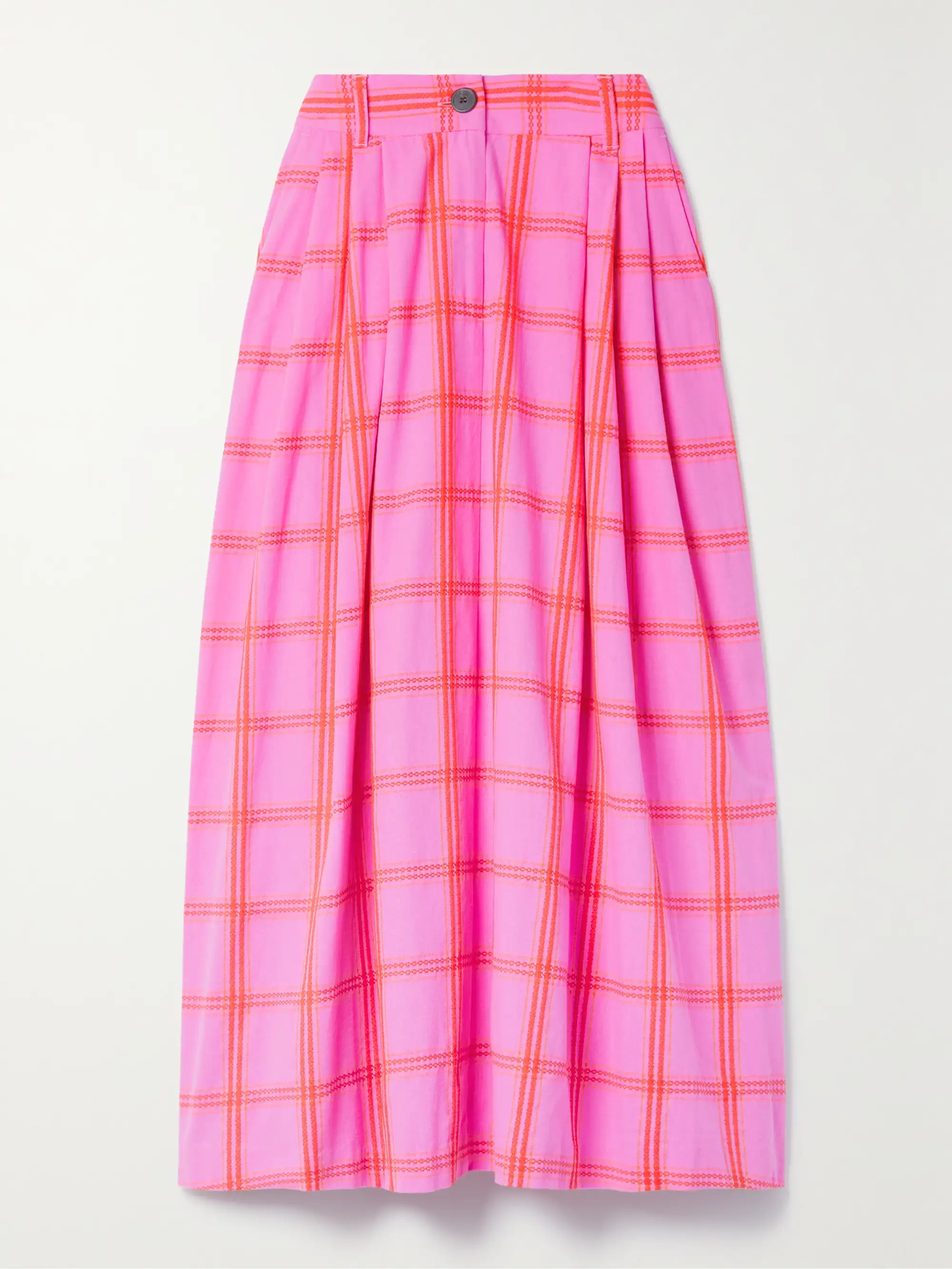 MARA HOFFMAN + NET SUSTAIN Tulay pleated embroidered checked organic cotton midi skirt | NET-A-PO... | NET-A-PORTER (US)