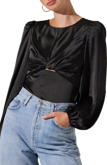 Twist Front Keyhole Balloon Sleeve Satin Top | Nordstrom