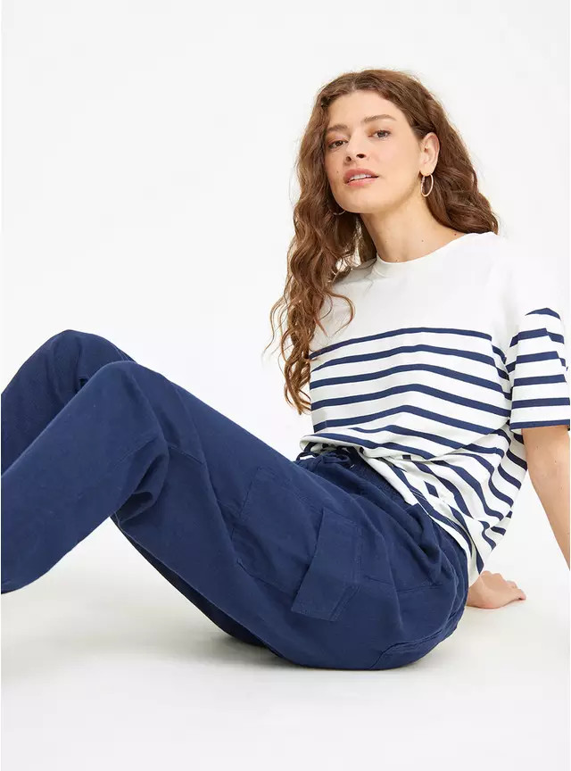 Buy Navy Linen Blend Utility Tapered Trousers  14 | Trousers | Tu | Tu Clothing