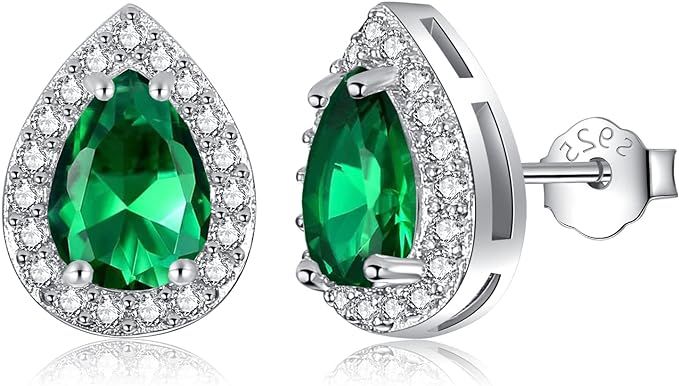 Nupdot Silver Birthstone Teardrop Stud Earrings for Women Girls, Faux Diamond Halo Bridal Earring... | Amazon (US)
