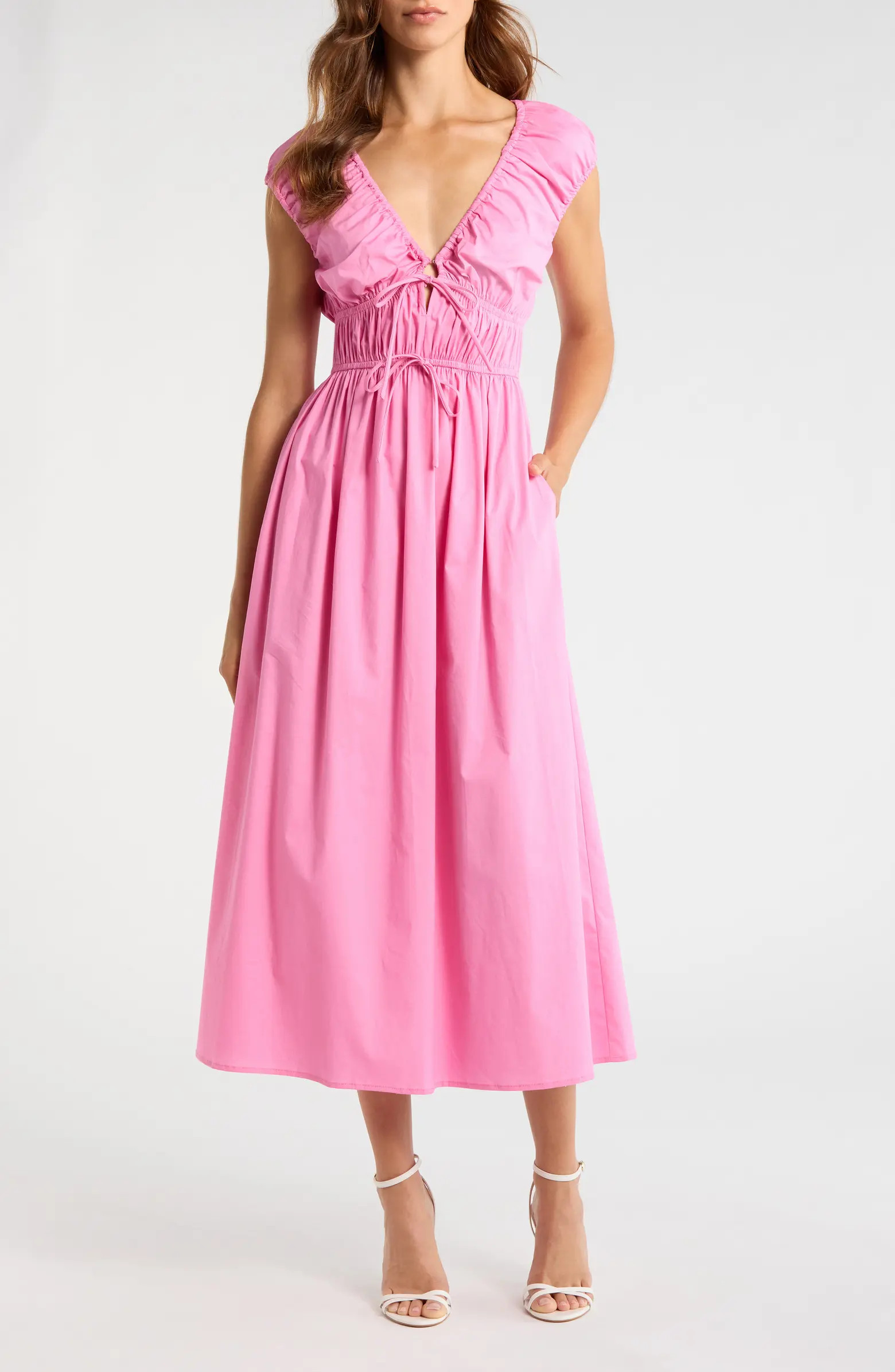 Liv Ruched Stretch Cotton Poplin Midi Dress | Nordstrom
