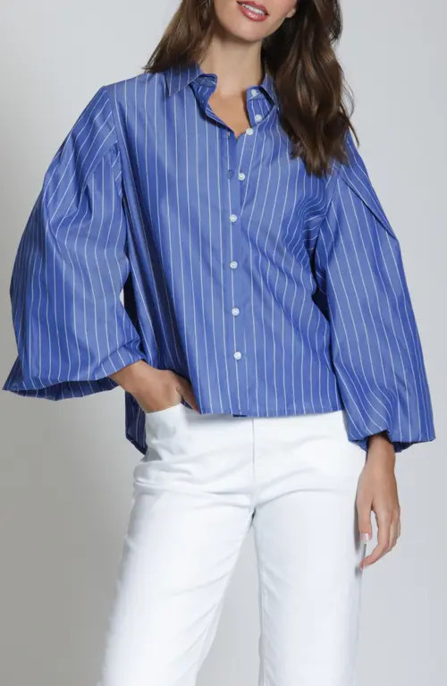 APNY Cotton Bubble Sleeve Button-Up Shirt in Bluewhite Stripe at Nordstrom, Size Medium | Nordstrom