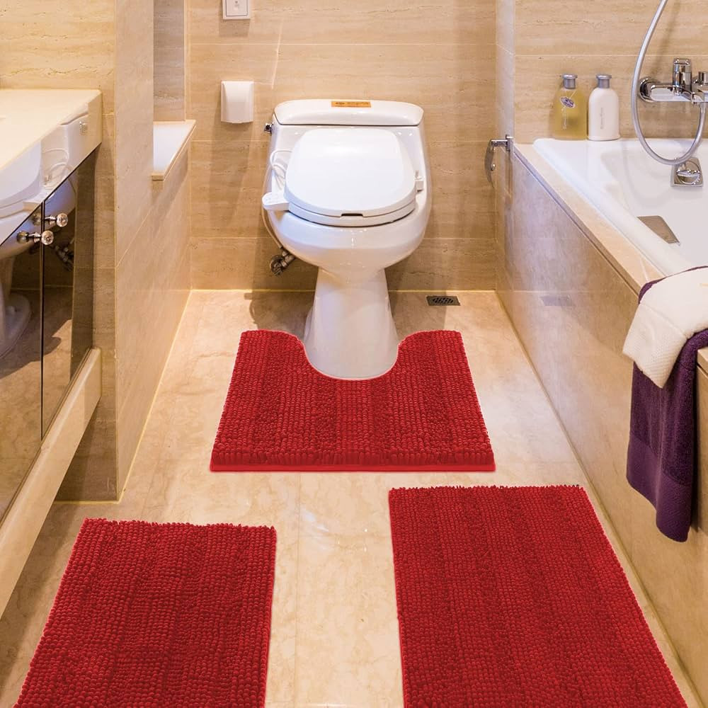 ACCUMTEK Striped Ultra Soft Chenille Bath Rugs and Mats Set, 3 Pieces, Thick Non Slip Burgundy Ba... | Amazon (US)
