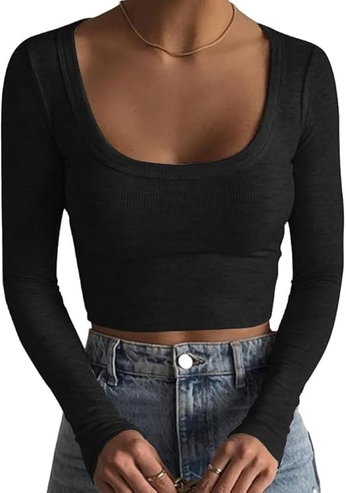 Zeagoo Women's Long Sleeve Ribbed Slim Fitted Shirts Square Neck Casual Basic Y2K Crop Tops | Amazon (US)