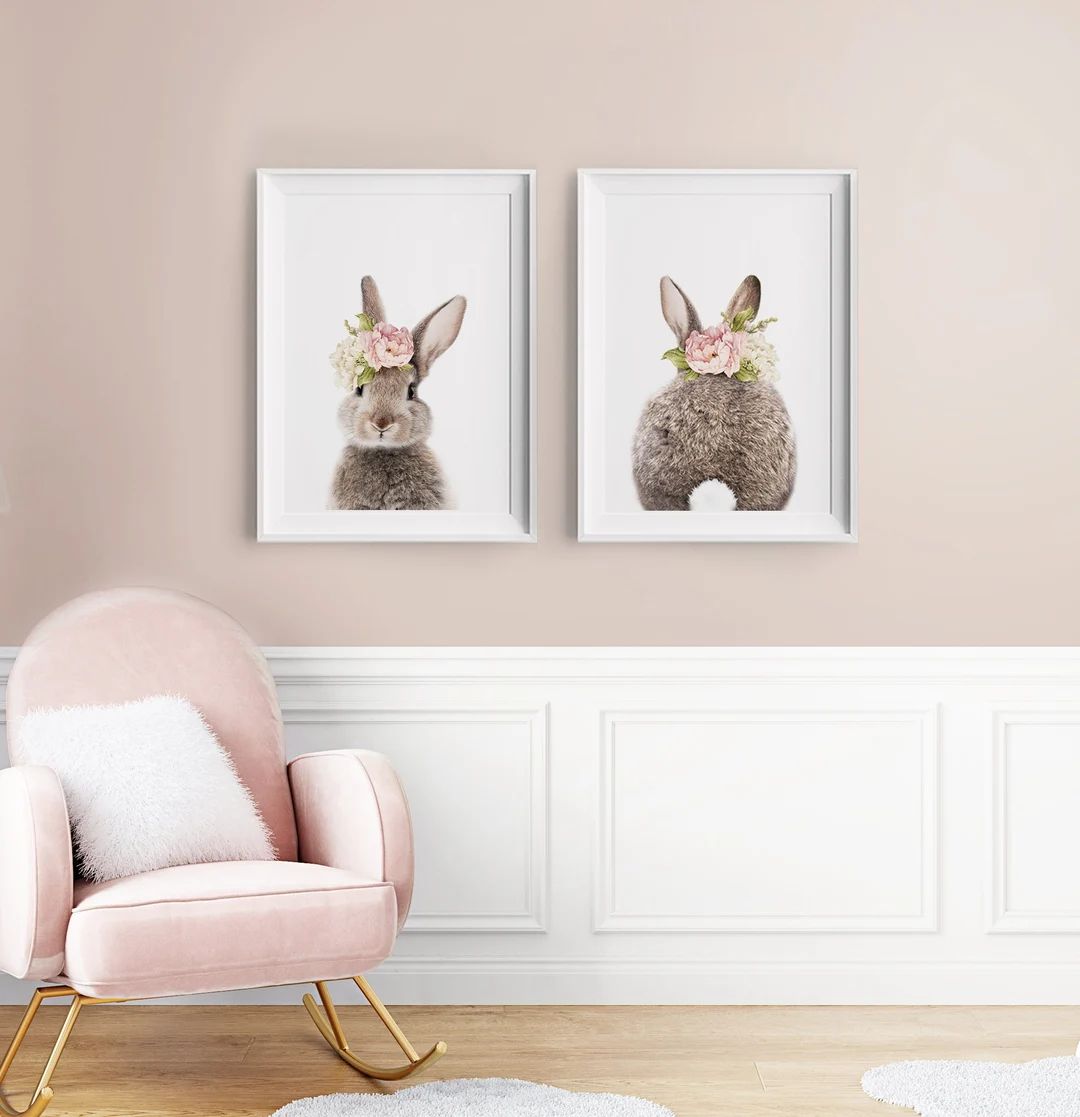 Girls Nursery Room Print Bunny Rabbit Wall Art Pink Flower Crown Set of 2 Printable Instant Digit... | Etsy (US)
