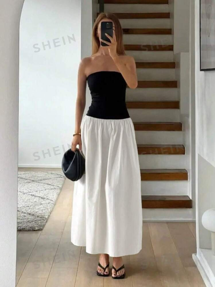 SHEIN Essnce Women's Summer Color Block Strapless A-Line Mini Dress - Black | SHEIN