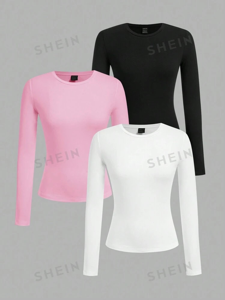 SHEIN EZwear 3pcs Women Crew Neck Tight Fit Casual Long Sleeve Tees Set, Black-White-Pink, Suitab... | SHEIN