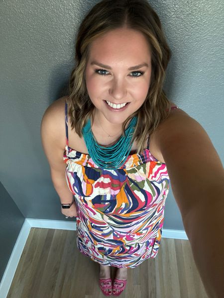 Summer is here and I was ready to wear some bright colors. We had a backyard event for Devin’s work last night and this dress was perfect. Lightweight and didn’t show any spills or sweat. I paired it with this super fun turquoise necklace and pink sandals to finish out my look  

#LTKFindsUnder100 #LTKFindsUnder50 #LTKShoeCrush