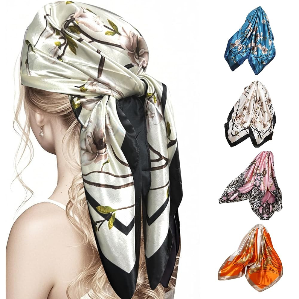 4 Pcs 35'' Satin Silk Square Scarf, Hair Wrap Bandana for Women, Neck Gaiter, Shawl & Vacation Fe... | Amazon (US)