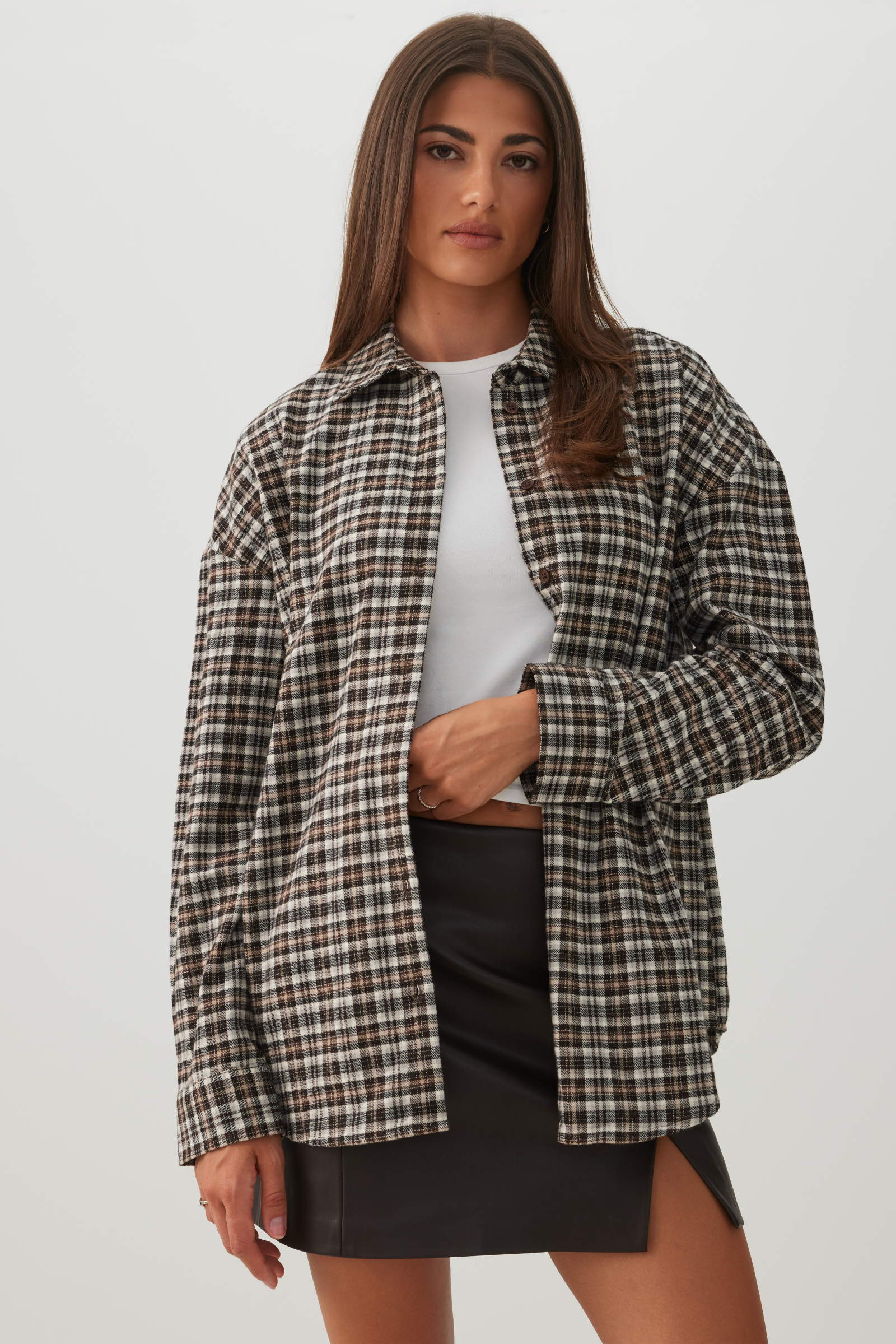 Oversized Plaid Button Up Shirt Brown | Ardene Canada | Ardene US