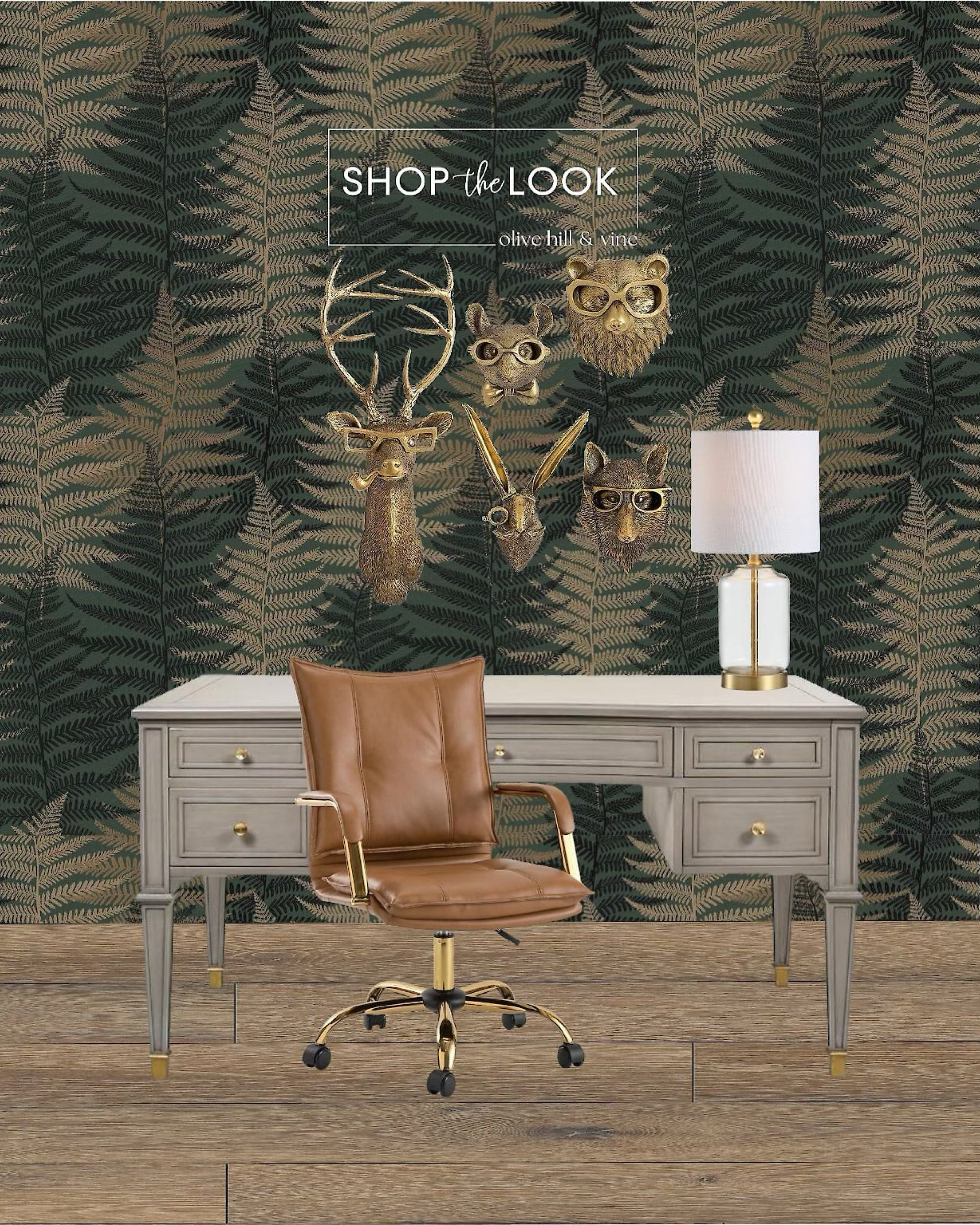 Add personality to your workspace with our chic office design! Featuring rich green botanical fern wallpaper as the backdrop, a traditional desk with gold accents, a stylish camel rolling chair, a glass and metal lamp, and playful faux animal head decor. A perfect mix of elegance and charm! 

#LTKFamily #LTKHome #LTKStyleTip